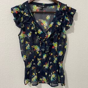 🎉 3 FOR $15 BDAY SALE  Vtg Forever 21 Blouse M Sheer Floral Navy Peplum